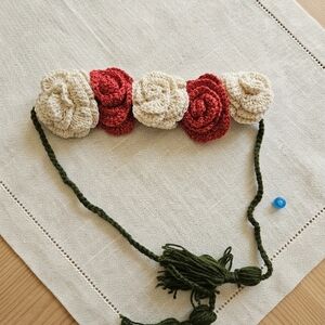 Handcrafted Red and Cream Floral Hair Bun Wrap